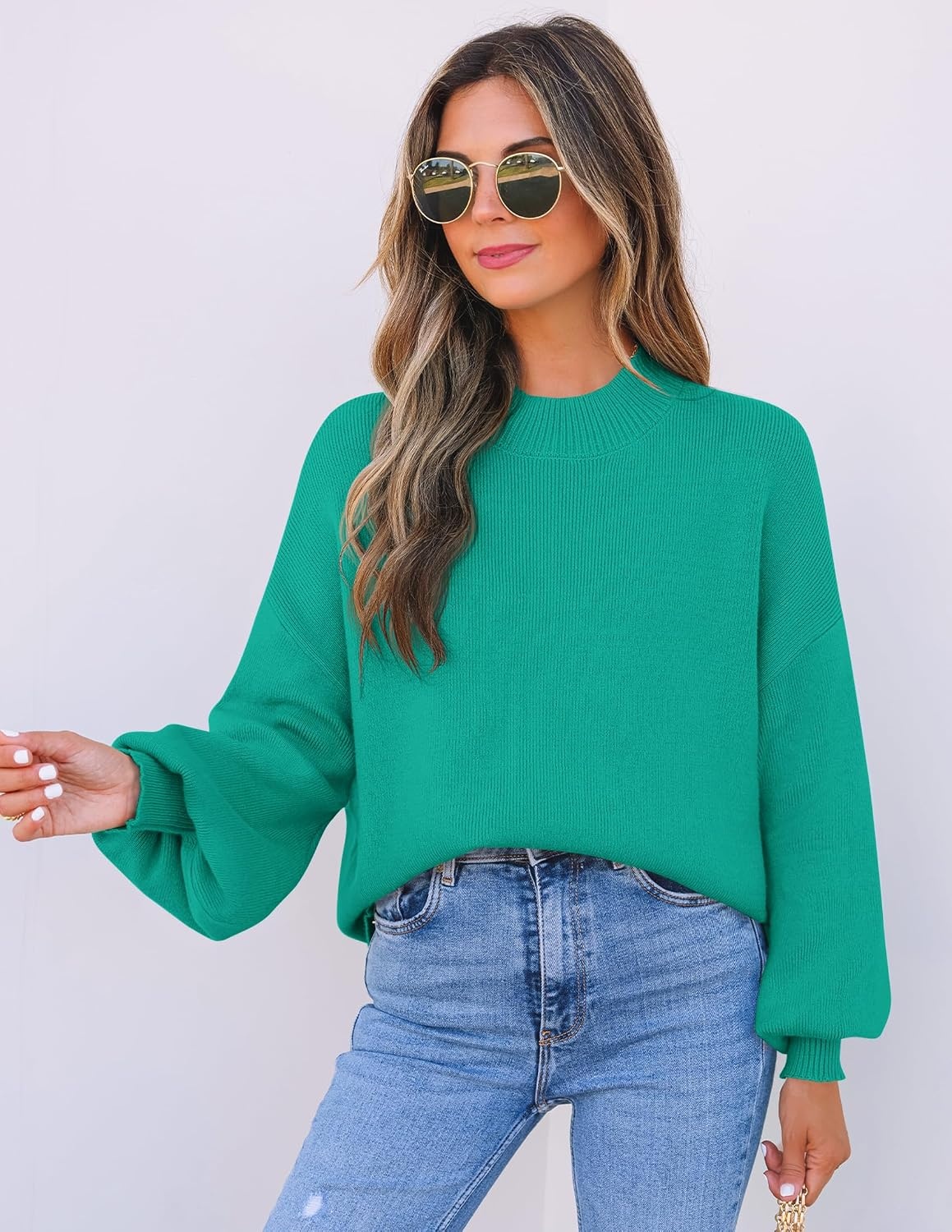 image:imageZESICA Womens Fall Fashion Turtleneck Long Sleeve Knit Oversized SweatersPeacock