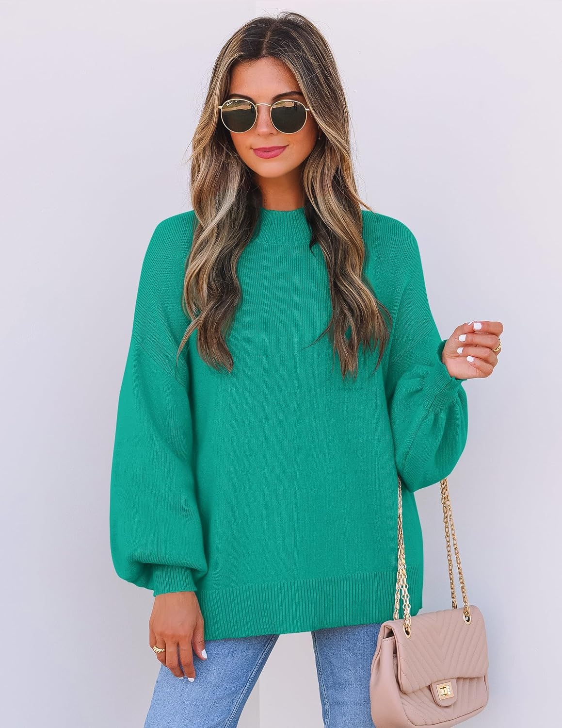 image:imageZESICA Womens Fall Fashion Turtleneck Long Sleeve Knit Oversized SweatersPeacock