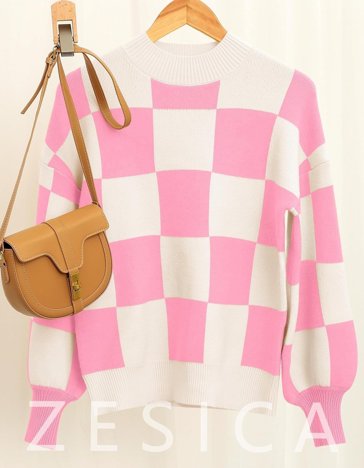 image:imageZESICA Womens Fall Fashion Turtleneck Long Sleeve Knit Oversized SweatersPinkplaid