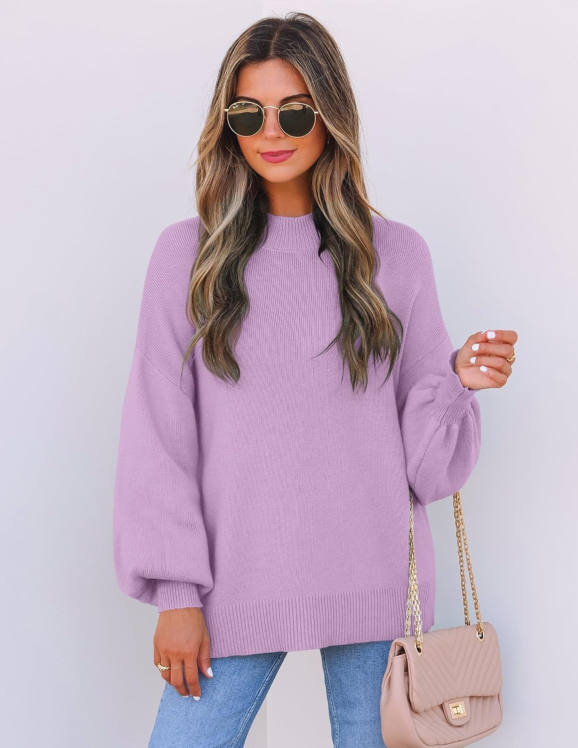 image:imageZESICA Womens Fall Fashion Turtleneck Long Sleeve Knit Oversized SweatersPurple
