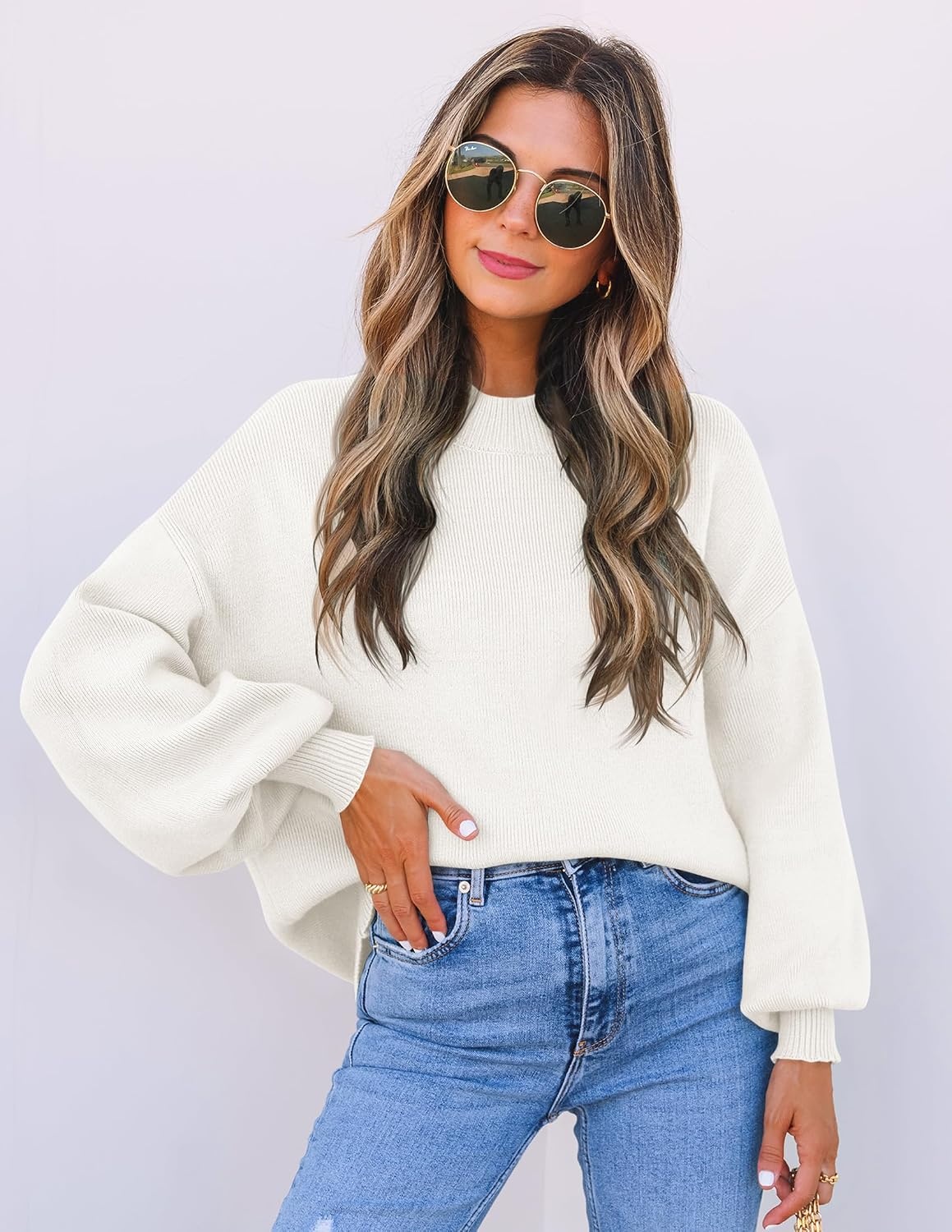image:imageZESICA Womens Fall Fashion Turtleneck Long Sleeve Knit Oversized SweatersWhite