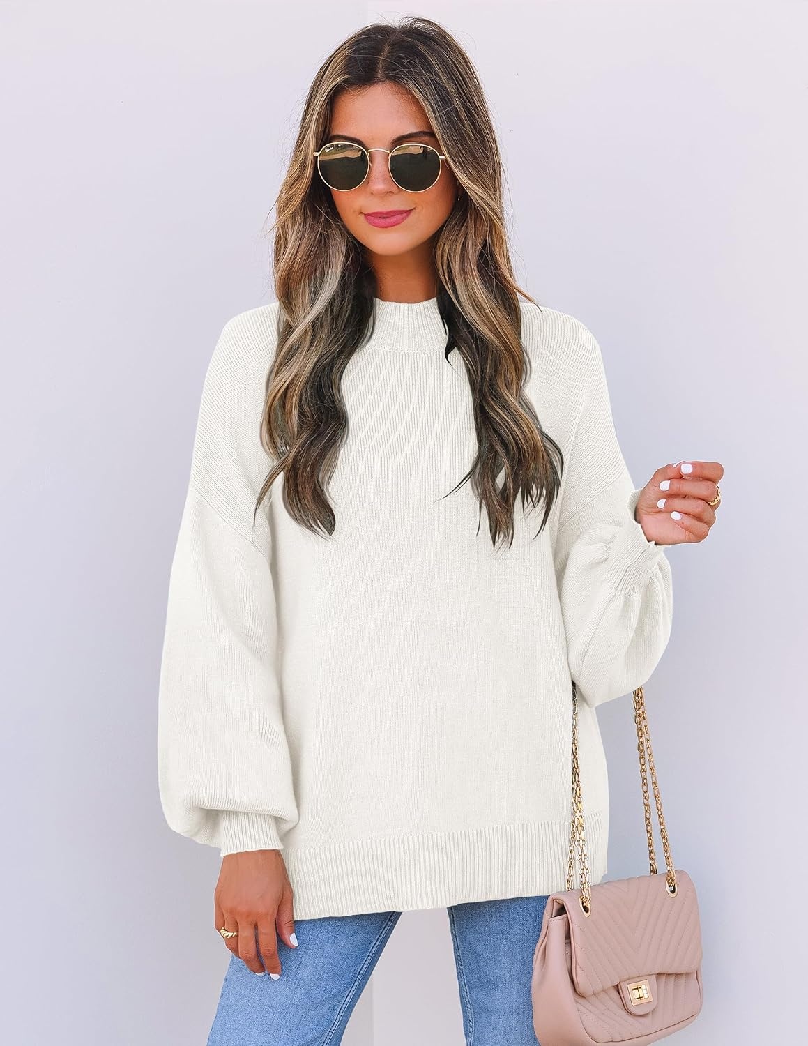 image:imageZESICA Womens Fall Fashion Turtleneck Long Sleeve Knit Oversized SweatersWhite