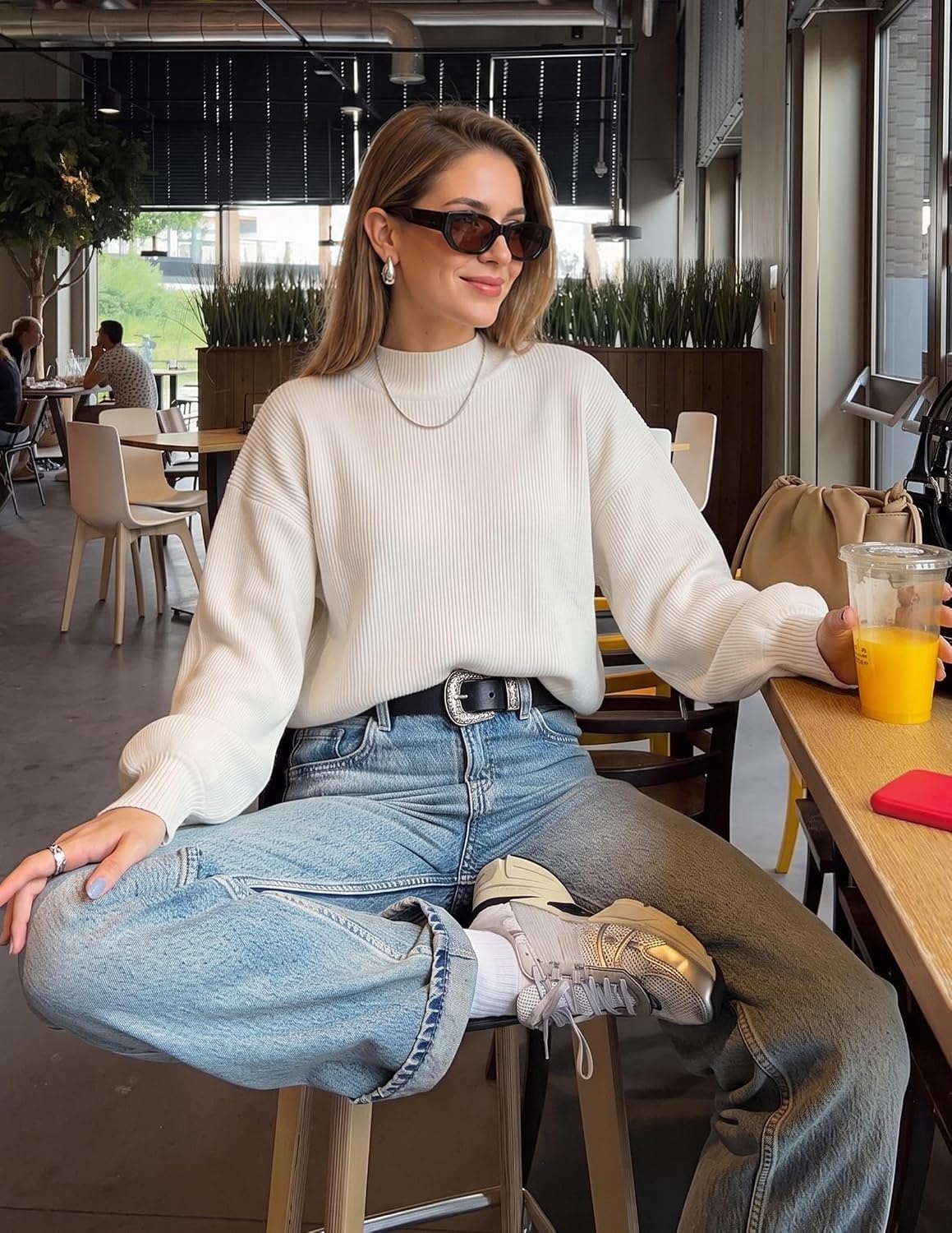 image:imageZESICA Womens Fall Fashion Turtleneck Long Sleeve Knit Oversized SweatersWhite