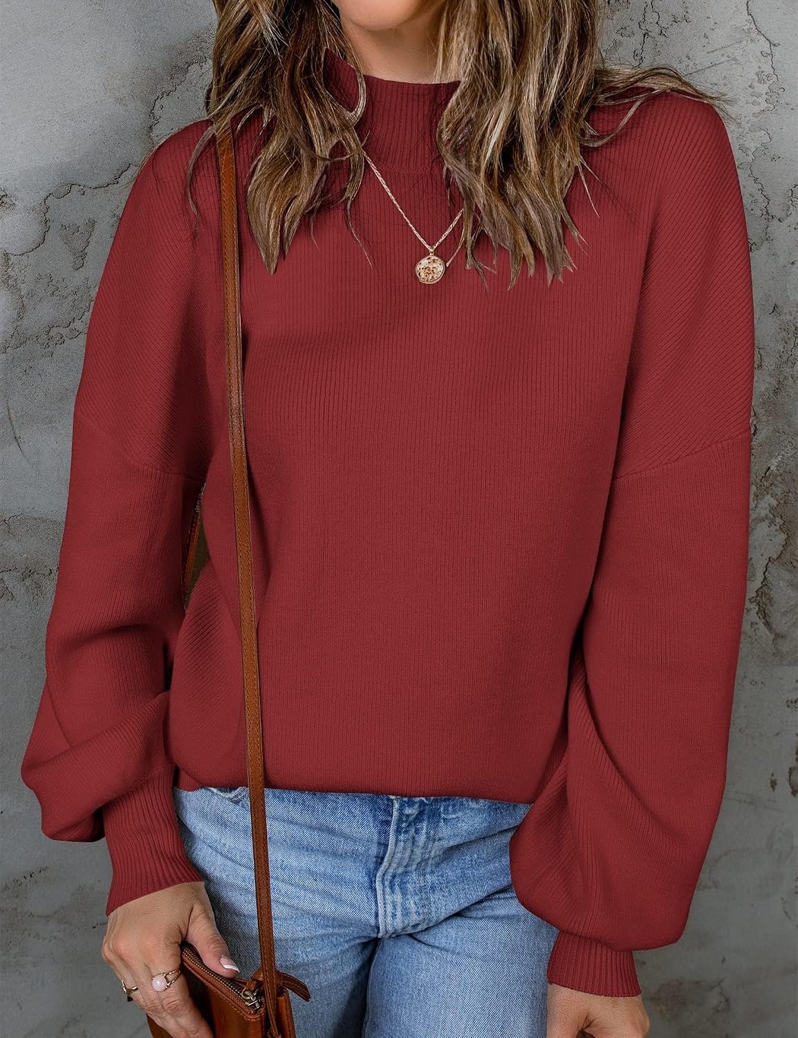 image:imageZESICA Womens Fall Fashion Turtleneck Long Sleeve Knit Oversized SweatersWine
