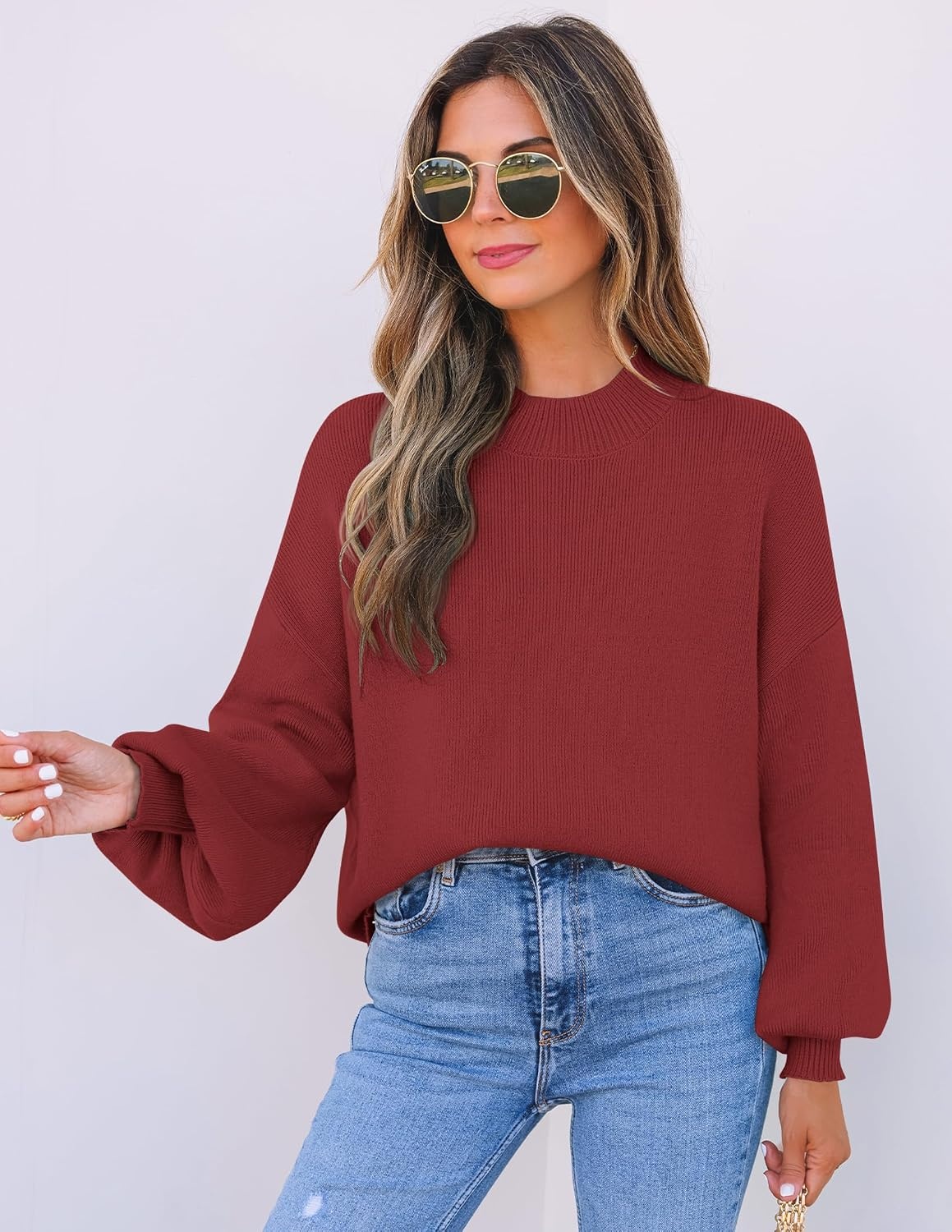 image:imageZESICA Womens Fall Fashion Turtleneck Long Sleeve Knit Oversized SweatersWine