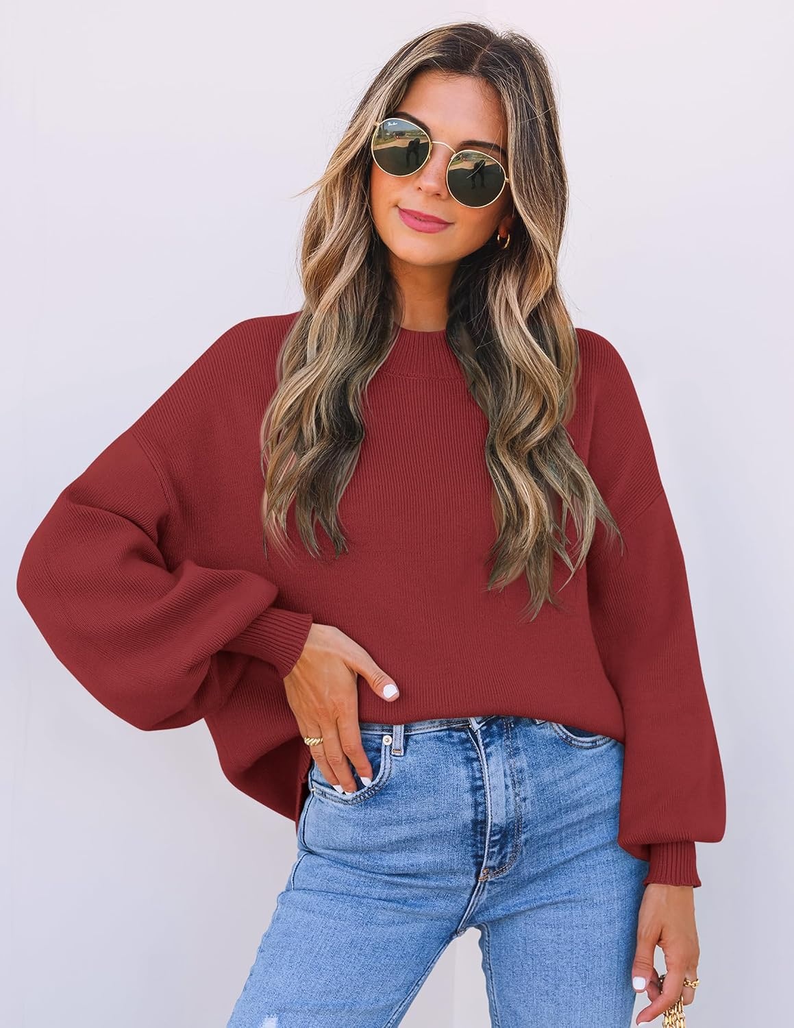 image:imageZESICA Womens Fall Fashion Turtleneck Long Sleeve Knit Oversized SweatersWine