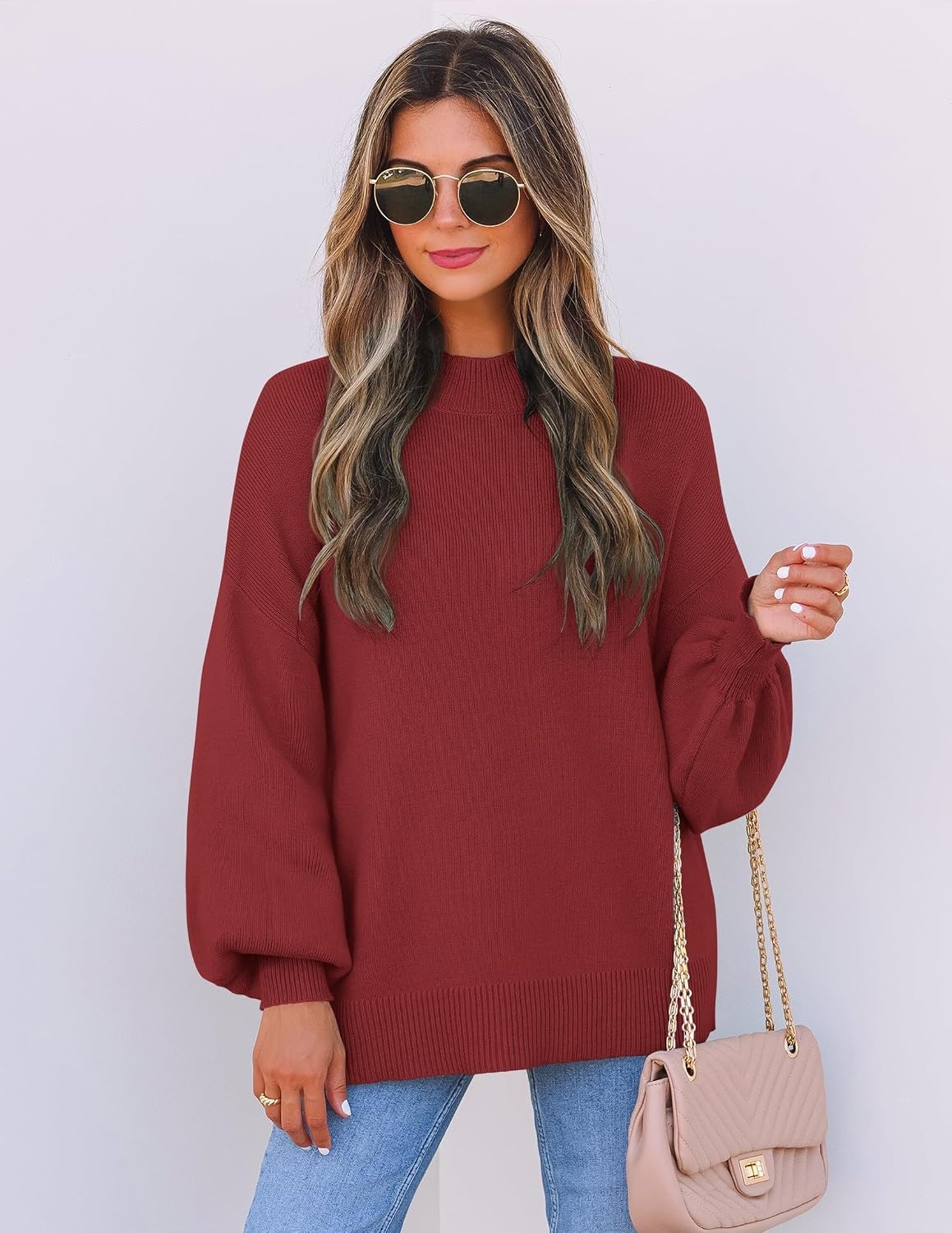 image:imageZESICA Womens Fall Fashion Turtleneck Long Sleeve Knit Oversized SweatersWine